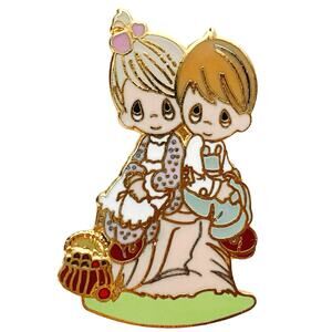 VTG Precious Moments Signed Enamel Lapel Pin 80s Storybook Girl Boy Picnic